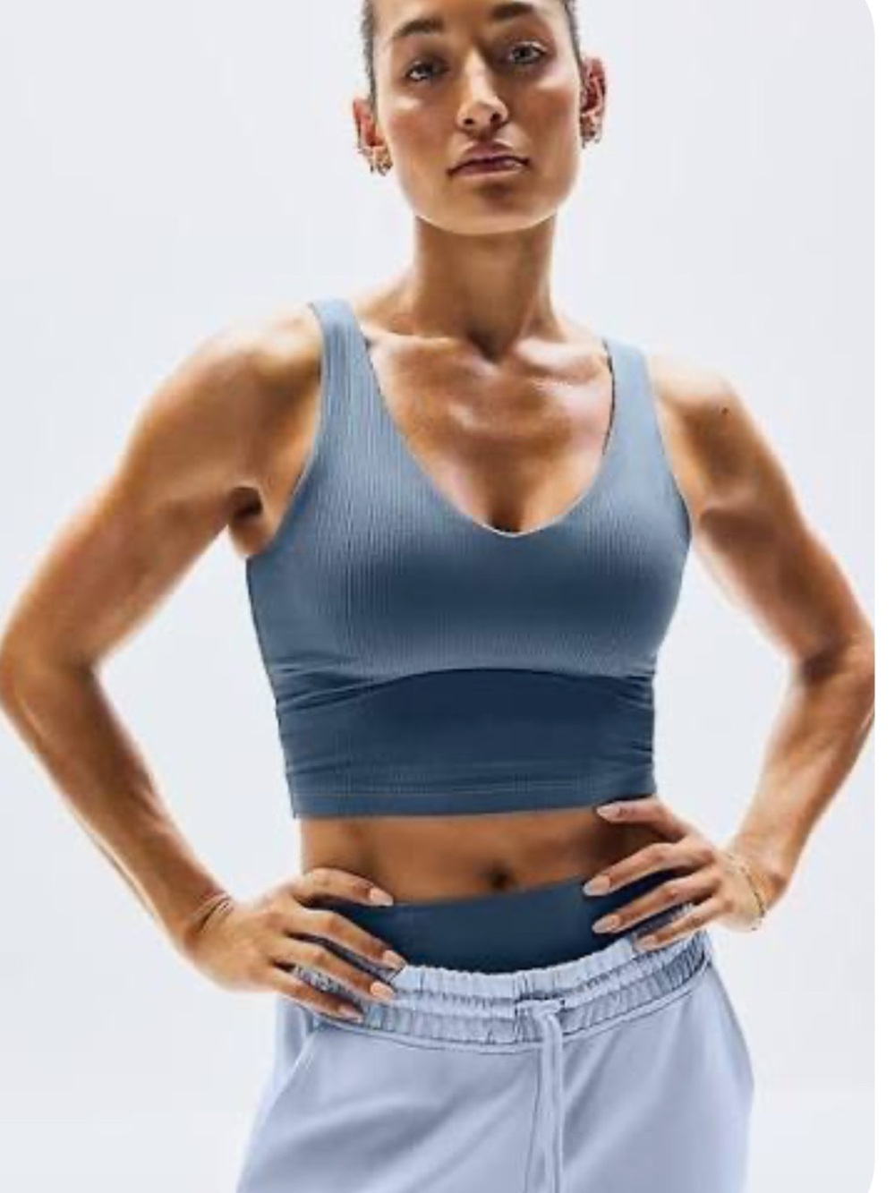 Athleta Transcend V Neck Rib Crop Sports Bra Top D-DD Shadow Blue